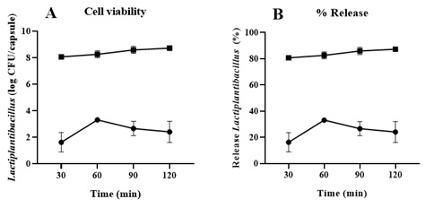 Cell Viability and Percentage of Release of Capsules Containing Lactiplantibacillus